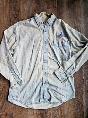 Vintage 90s Lee Sport NY Rangers Denim Shirt Medium NHL Hockey Embroidered Blue